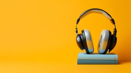 Headphone on Books with Copy Space - Learning and Music Concept on Yellow Background