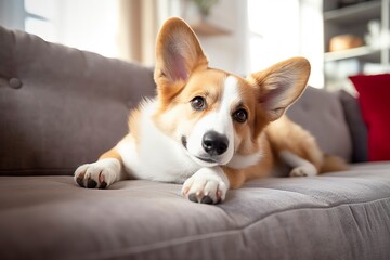 Beautiful, smart, calm purebred corgi dog lying on on sofa in living room.