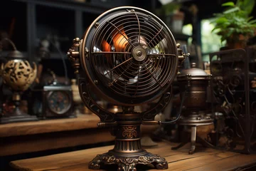 Fotobehang Photo old standing fan on antique machinery in factory room background Generative AI © Saim Art