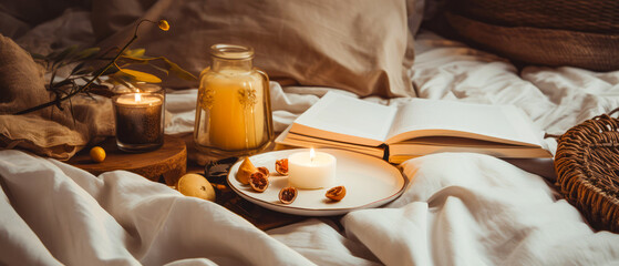 Fototapeta na wymiar Romantic still life composition with candle, flowers, decoration on bed linen sheet. Top view mockup. Morning relax,ambience. Hotels bedroom. Fall or winter leisure. Generative ai.