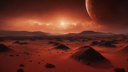 sunrise over the alien desert  A red planet with a clayey surface. The planet has a high temperature and a stormy sky - obrazy, fototapety, plakaty