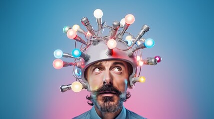 Engineer wearing weird silver helmet with colorful light bulbs and wires. Minimal fun concept of eccentric nerd scientist, discovery, aha moment or idea of brilliant researcher, tech enthusiast. Copy  - obrazy, fototapety, plakaty