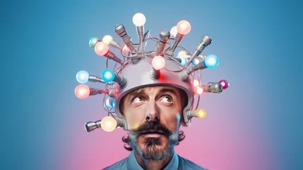 Fotobehang Engineer wearing weird silver helmet with colorful light bulbs and wires. Minimal fun concept of eccentric nerd scientist, discovery, aha moment or idea of brilliant researcher, tech enthusiast. Copy  © Nata