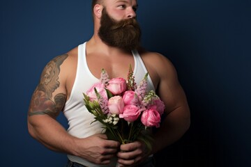 Bearded tattooed muscle man wearing dirty sleeveless white tank top with bouquet of roses in his hands. Dark background with copy space. Minimal concept of making amends for abuse and violent behavior
