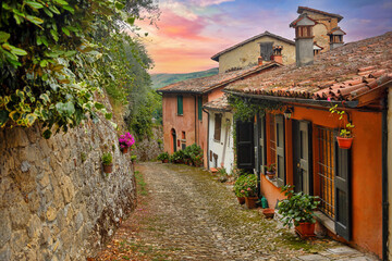 Fototapeta na wymiar Beautiful and colorful street in the Tuscan countryside, Italy