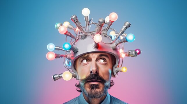 Engineer wearing weird silver helmet with colorful light bulbs and wires. Minimal fun concept of eccentric nerd scientist, discovery, aha moment or idea of brilliant researcher, tech enthusiast. Copy 