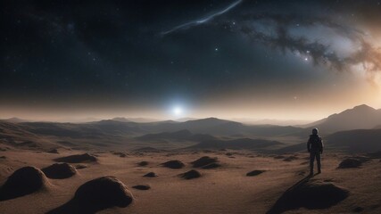 sunrise in the desert of an alien world,  A space scene with a starfield, and a galaxy in outer space. The image shows the depth and dimension of 