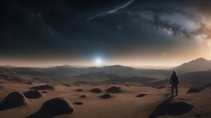 Abwaschbare Fototapete Dunkelbraun sunrise in the desert of an alien world,  A space scene with a starfield, and a galaxy in outer space. The image shows the depth and dimension of 