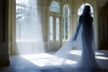 Interior de mansión abandonada con figura de una mujer cubierta de una sábana fina caminando por la estancia. - obrazy, fototapety, plakaty
