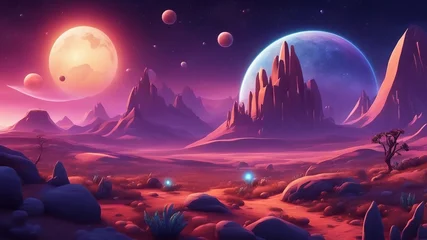 Rolgordijnen landscape with moon and stars  Cartoon alien fantastic landscape with moons and planets on a starry sky   © Jared