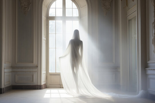 Interior de mansión abandonada con figura de una mujer cubierta de una sábana fina caminando por la estancia.