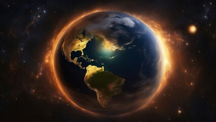 earth and sun eclipse, A space scene of the Earth at night, with the lights of the continents and the stars  