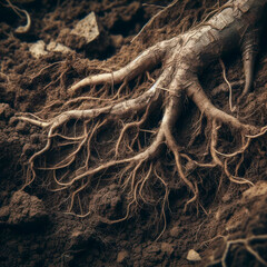 Tree roots in soil close up. ai generative