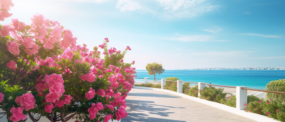 Beautiful resort promenade with blooming colorful oleanders against backdrop of Mediterranean Sea and blue sky. - obrazy, fototapety, plakaty