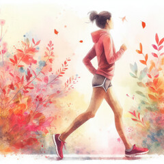 young woman running in autumn watercolor. ai generative