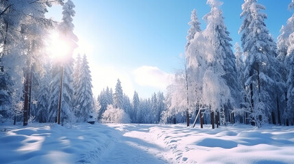 Beautiful winter landscape with fir trees in a snowy forest. - obrazy, fototapety, plakaty