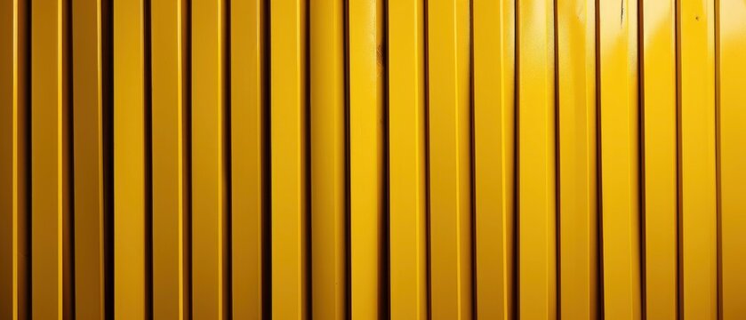 A corrugated fence of yellow metal sheets with screw.