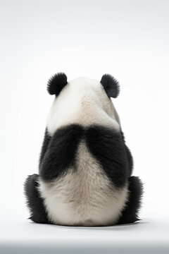 Panda Sitting On Ground On White Background, Back View