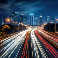 Fototapeta na wymiar A city's evening rush hour captured in a long exposure photograph, showcasing the busy urban highway with streaks of light from headlights and taillights.ai generative
