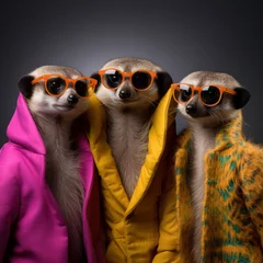 Foto op Plexiglas Stylish animal rock band, fashionable portrait of anthropomorphic superstar meerkats with sunglasses and vibrant suits, group photo, glam rock style. Generative AI. © tope007