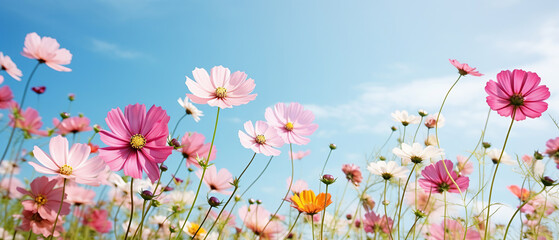 Multicolored cosmos flowers in meadow in spring summer nature against blue sky. Selective soft focus.