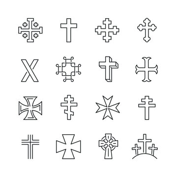 Vector line set of icons related with christian cross. Simple outline sign.