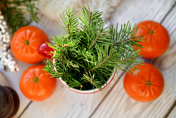 Still life with glasses of mulled wine or fruit tea, Red Poinsettia flowers, fir branch and spices on a dark background with copy space. New year and Christmas table setting. Greeting card.