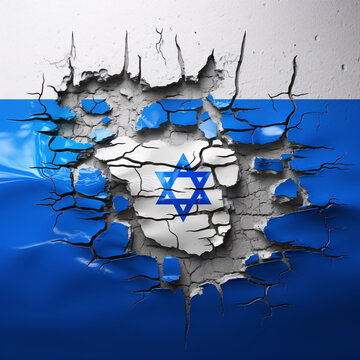 Israel flag on a cracked wall, explosion. AI generated.