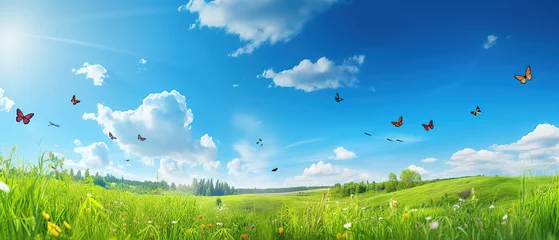 Foto auf Alu-Dibond Young green juicy grass and fluttering butterflies in nature against blue spring sky with white clouds. Spring nature panorama. © Santy Hong