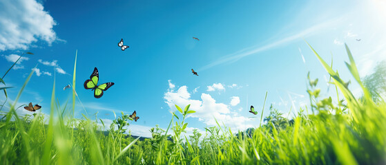 Young green juicy grass and fluttering butterflies in nature against blue spring sky with white clouds. Spring nature panorama. - obrazy, fototapety, plakaty