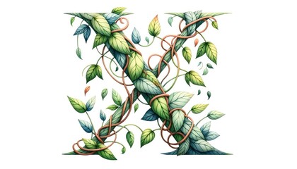 Watercolor painting of the letter 'X' composed of intertwining vines and leaves, evoking a sense of nature and growth