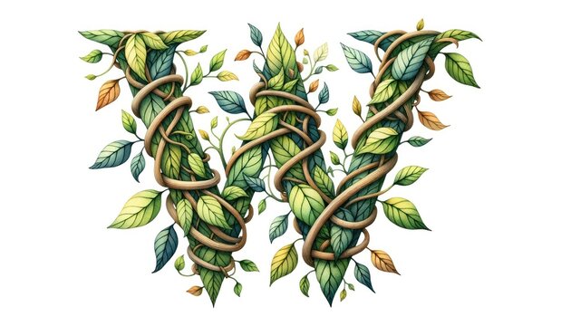 Watercolor painting of the letter 'W' composed of intertwining vines and leaves, evoking a sense of nature and growth