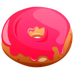 Cute, colorful, sweet and glossy donut with pink glaze. Vector cartoon illustration. Bread, pastry clipart, icon for graphic resources for apps, menues. 