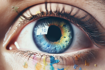 Close-up of a beautiful woman's eye with color makeup. - obrazy, fototapety, plakaty