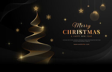 Abstract elegant gold wave lines Christmas tree, with golden Christmas ornaments and shiny sparkles in black background. Vector illustration of holiday greeting cards, poster, banner.