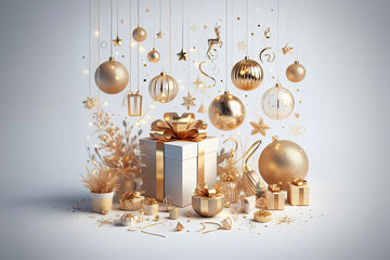 Merry Christmas and Happy New Year. Background Xmas design realistic gifts box, festive decorative objects gold glitter border.Christmas poster, holiday banner, flyer, stylish brochure, greeting card