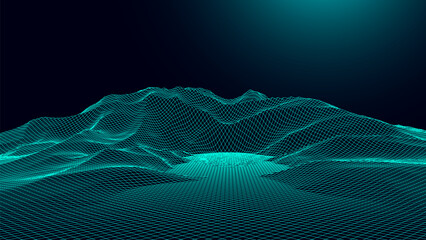 Digital retro mountain wallpaper. Futuristic modern landscape texture of the 1980s. Gradient sky background. Big data visualization. Vector illustration.