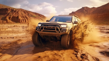 Fototapeta na wymiar Feel the thrill as a powerful off-road vehicle navigates challenging muddy trails with finesse