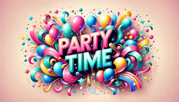 Text party time, copy space layout text greeting card on pastel colored background