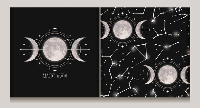 Label, seamless pattern with moon, crescent, stars, triple moon sign and zodiacal constellations. Wicca moon goddess symbol. Astrology, alchemy, boho, magic, mystery concept. Black background Not AI