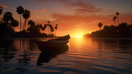 A tropical evening as you gaze at an old boat peacefully floating near palm trees during a mesmerizing sunset