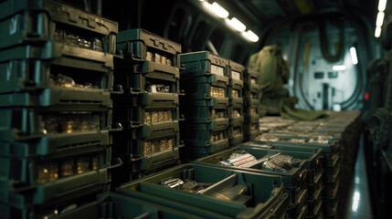 Soldiers unloading crates filled with weapons and ammunition at a bustling military airport