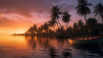 A tropical evening as you gaze at an old boat peacefully floating near palm trees during a mesmerizing sunset