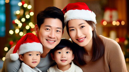 Fototapeta na wymiar portrait of asian happy family at christmas. Ai generated