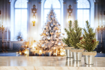 Winter window background and christmas tree. 