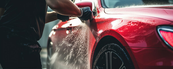 Automobile dealer washing a luxury car. Red car wash close up. copy space for text.