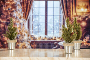 Fototapeta na wymiar Winter window background and christmas tree. 