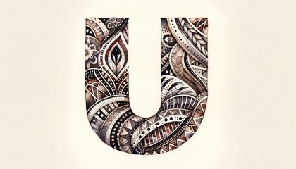 Watercolor painting of the letter 'U' adorned with intricate tribal patterns and motifs, set against a neutral backdrop.