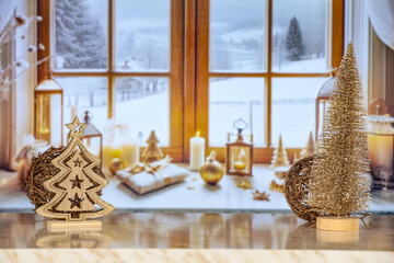 Winter window background and christmas tree. 