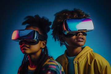 New generation Kids Using VR Headsets to Immerse Into New VR Gaming Worlds. Gen Alpha Digital Natives with Virtual Reality Smart Glasses.

